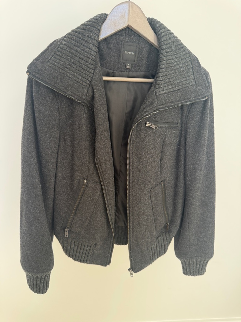 Express Men's Dark Charcoal Zip-Up Knit Collar Sweater Jacket